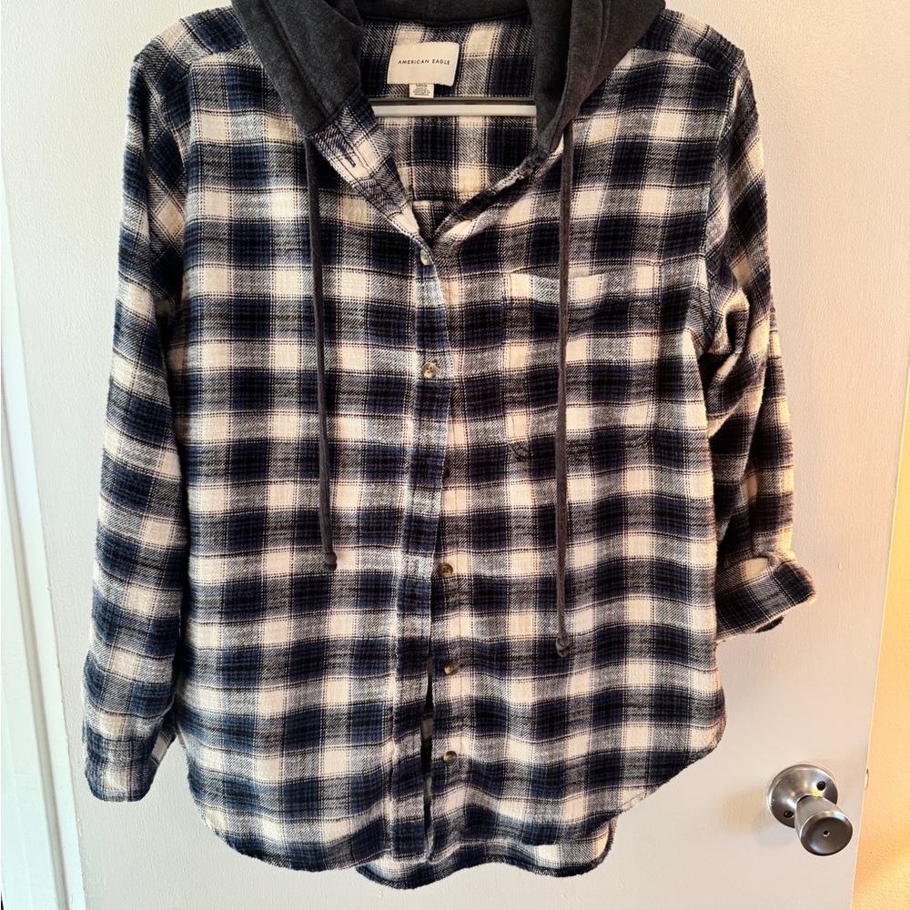 American Eagle Blue and off White Plaid button down Hoodie small
